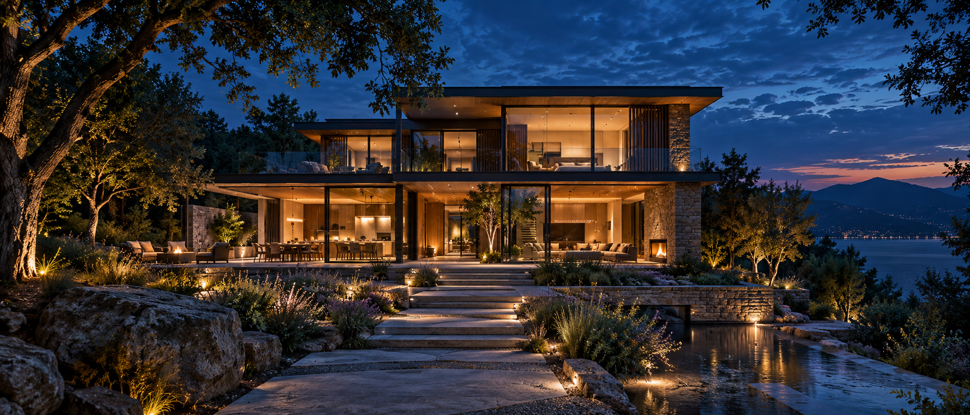 A two-story home, landscape, water, and paths designed as one connected place